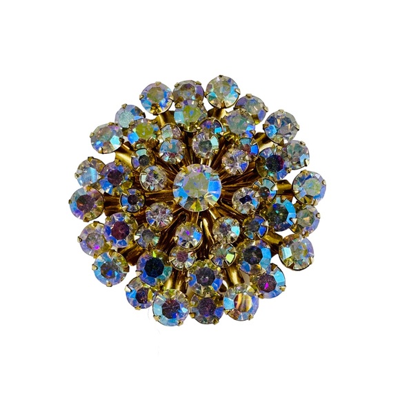 Large Vintage Aurora Borealis gold-tone sunburst brooch pin - Picture 2 of 4